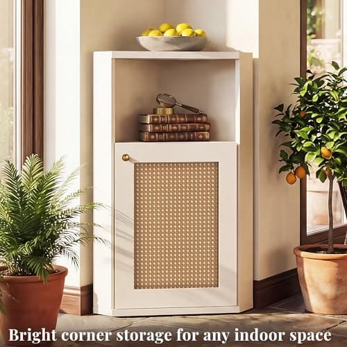 Corner Storage Cabinet for Bathroom, Small Triangle Cabinet with Rattan Doors, 750kg/m³ High-Density MDF Organizer, 90° Narrow Floor Cabinet with Adjustable Shelves, Anti-Tip Farmhouse Accent Unit - Thumbnail 4