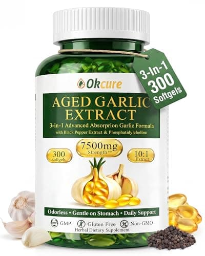 Okcure Aged Garlic Extract, 300 Softgels Odorless Garlic Supplement, 3-in-1 (Black Pepper + Phosphatidylcholine) for Heart & Immune Support, Standardized for SAC, Organic, Non-GMO, Gluten-Free