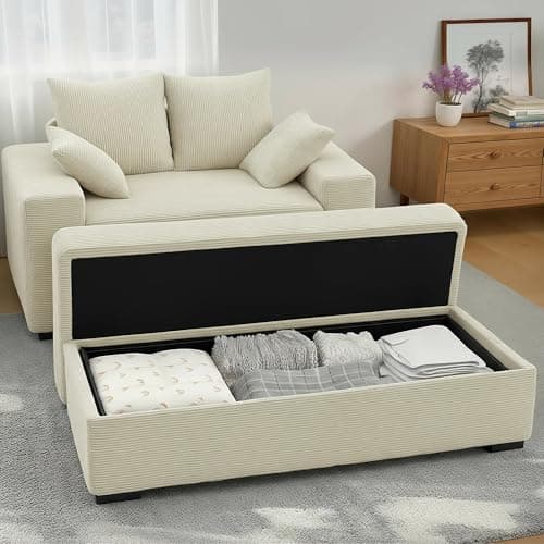 smilesun Luxe Chaise Lounge Chair Indoor with Storage Ottoman, Comfy Corduroy Oversized Lounge Sofa with 4 Pillows, 60" Modern Upholstered Sleeper Couch Bed for Bedroom (Beige, 57 in) - Image 1