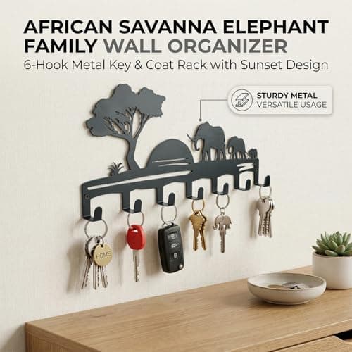 Metal Key Holder Wall Mount, African Safari Key Rack Hooks, Elephant Family Sunset Wall Art Organizer for Entryway, Kitchen, Hallway, Garage, Farmhouse Home Decor & Housewarming Gift (Elephant) - Thumbnail 3