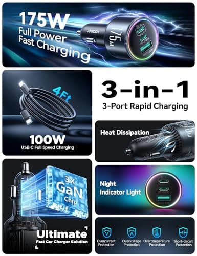 JOYROOM 175W Super Fast Car Charger [GaN] 3-Port Car Charger USB C Fast Charge with USB-C Cable, Car Cigarette Lighter USB Charger for iPhone 17/16/15, Samsung S26/25, Pixel 10, MacBook, iPad and More - Thumbnail 5