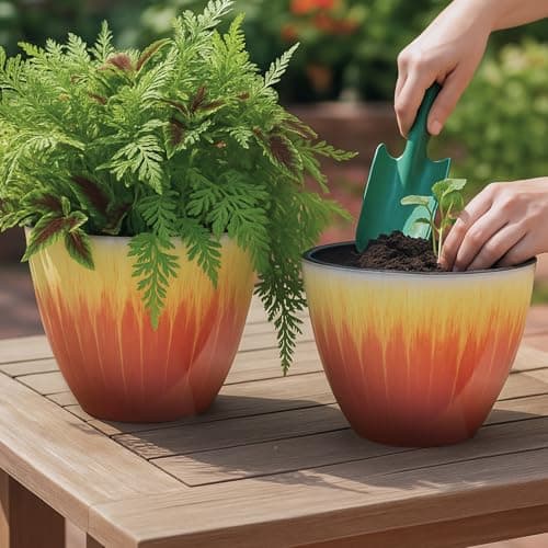 LESOASIS 8 inch Plant Pots Pack of 2, Plastic Flower Pots Flower Pots, Modern Glossy Finishing Planter for Indoor Outdoor Plants (Orange Glaze) - Thumbnail 6
