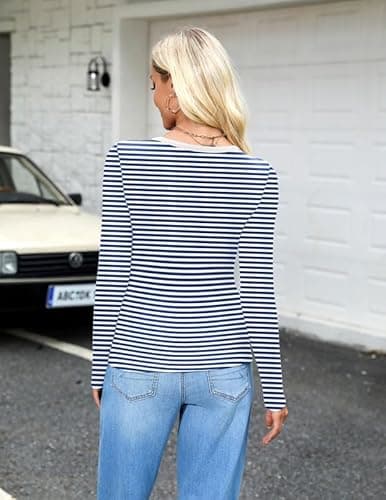 Misakia Long Sleeve Shirts for Women 2025 Spring Fall Tops Henley Button Ribbed Tunic Slim Fit Trendy Outfits White and Blue Stripes L - Thumbnail 6