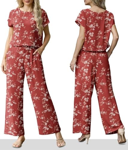 Lepunuo 2 Piece Outfits for Women Summer Wide Leg Pants Sets with Pockets - Thumbnail 4