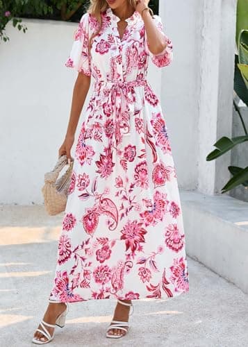 KIRUNDO Women Spring Summer Wedding Guest Boho Floral Maxi Dress Puff Sleeve Button Shirt V Neck Flowy Beach Vacation Dress(Floral White Rose Red, Medium) - Thumbnail 5