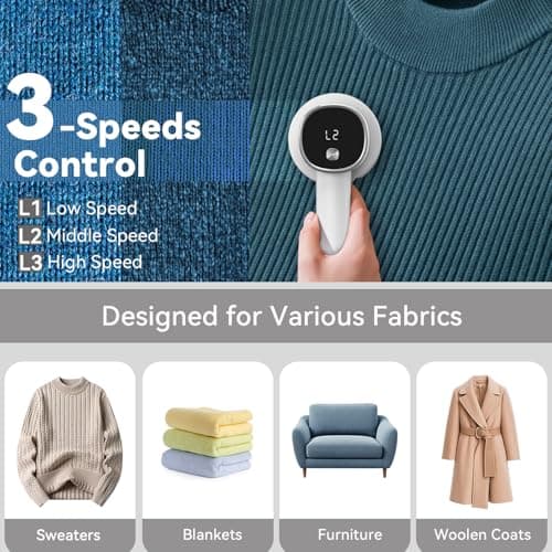 Smyeviva Rechargeable Fabric Shaver for Clothes: 6-Leaf Blades & 3 Speeds to Remove Pilling, Fuzz & Lint Balls - with LED Display, Portable Electric Lint Remover for Sweater, Couch, Blanket, Furniture - Thumbnail 3