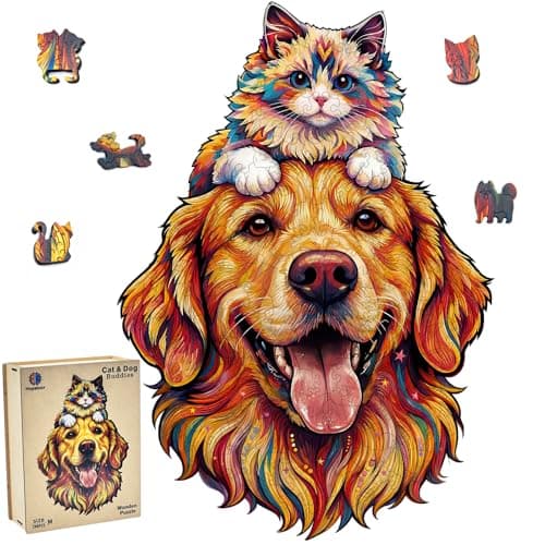 Cat and Dog Wooden Puzzles for Adults, Funny Animal Wooden Jigsaw Puzzles for Adults 200 Piece, Unique Shape Wood Cut Puzzle, Fun Challenging Puzzle Gift for Friends Family Game Home Decor 11 * 7.7 in
