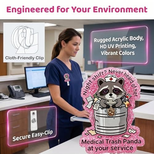 Retractable Badge Reel with Alligator Clip, Heavy Duty, Cute Funny ID Name Tag Holder for Nurses, Doctors, Teachers, and Office (Pink-Medical Trash Panda) - Thumbnail 4