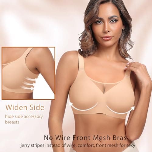 Ganado Wireless Bras for Women Full Coverage Mesh Seamless Supportive Comfortable Bras No Wire T Shirt Bra Padded Bralette (Beige, 3X-Large) - Thumbnail 4