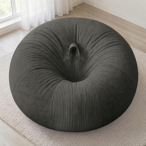 Homguava 4FT Bean Bag Chairs for Adults Teardrop BeanBag Chair Comfy Memory Foam Bean Bags Two-Tone Distressed Velvet&Corduroy Washable Cover for Living Room, Home (Distressed Velvet, Dark Grey) - Thumbnail 3