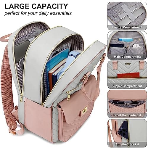 RJEU Bookbag for Girls,College Backpack with Laptop Compartment for School Travel,Student Computer Bag Mochilas Escolares,Pink Gray - Thumbnail 2