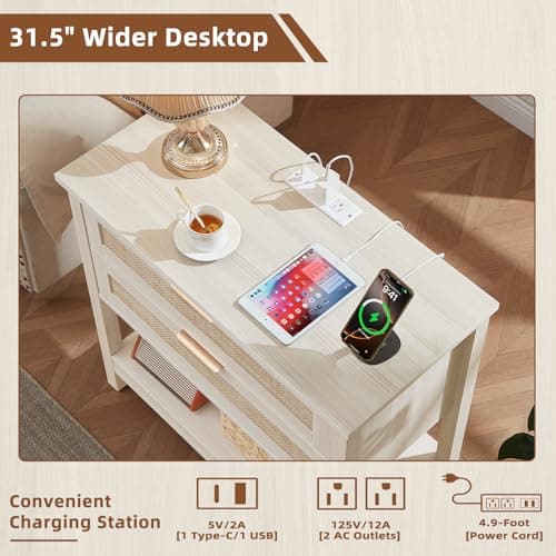 LEYAOYAO 31.5" Wide Rattan Night Stand with Charger Station, Oversized Large Boho Nightstand with 2 Drawer, Grey White Bed Side End Tables, Tall Bedside Table for Bedroom Living Room, Hallway - Thumbnail 4