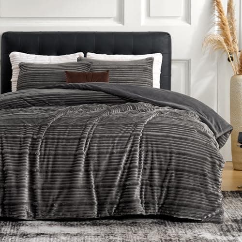 Amélie Home Luxury Flannel Fleece King Size Comforter Set,Soft Warm Striped Plush Bedding Set for Winter, 3 Pieces, 1 Cozy Comforter with 2 Pillowcases, Charcoal Gray, 106"x90" - Image 1
