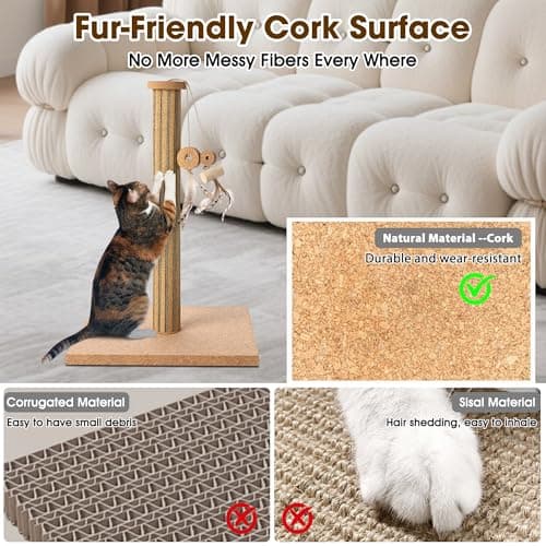 Natural Cork Vertical Cat Scratching Post-Cork-cat Scratcher with Feather Toy-cat Tree-cat scratchers for Indoor Cats Toys Stable Base-Eco-Friendly-Safe-Noise-Reducing for Claw Health-Home Decorate - Thumbnail 4