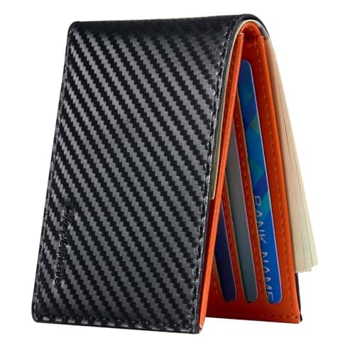 Chelmon Slim Wallet for Men ID Window with RFID Blocking Front Pocket Minimalist Bifold Bussiness Card Holder Gift for Men, Carbon Black & Orange - Image 1
