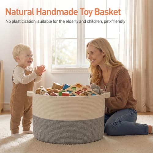 OIAHOMY 90L XXXLarge Blanket Basket for Living Room, 21.7" x 13.8" Woven Cotton Rope Laundry Basket for Organizing Pillows, Decorative Stuffed Animal Toy Storage for Nursery, White and Light Grey - Thumbnail 2
