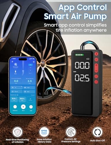 MATULSA Smart Tire Inflator Portable Air Compressor, APP Control Air Pump For Car Tires, 10000mAh, 4X Faster 150PSI Bike Pump with All-in-One Storage, LED Light & Auto Shut-Off for Motorcycles - Thumbnail 3