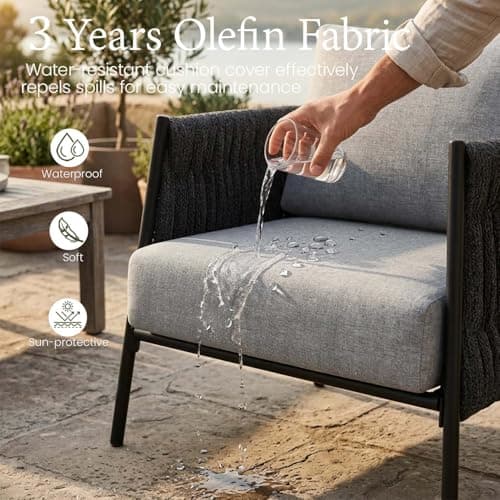 LayinSun 4 Piece Outdoor Furniture Set with Fire Pit Table, Modern Rope Woven Patio Conversation Sofa Set with Olefin Braid and Deep Seating - Thumbnail 4