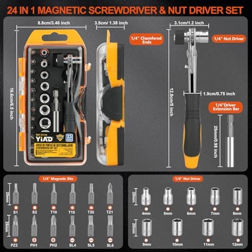 24 in 1 Magnetic Ratchet Screwdriver Set,Magnetic Screwdriver CR-V Steel Multi Bit Metric Sockets 1/4” Extension Bar,Quick-Switch Ratchet Portable Compact Repair Tool Kit for Home,DIY,Bike,Furniture - Thumbnail 2