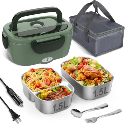 Vabaso Electric Lunch Box for Adults, 80W Heated Lunch Box with Dual 1.5L Stainless Steel Containers, Portable Food Warmer for Men Work Car Truck, 12V/24V/110V/220V - Image 1