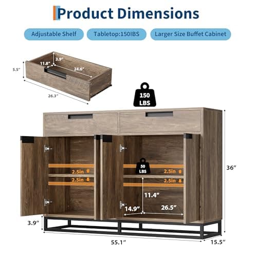 GarveeHome Sideboard Buffet Cabinet, 55-Inch Large Modern Kitchen Accent Storage Cabinet with 2 Drawers and 4 Doors, Coffee Bar Buffet Table for Kitchen and Dining Room (Retro) - Thumbnail 2