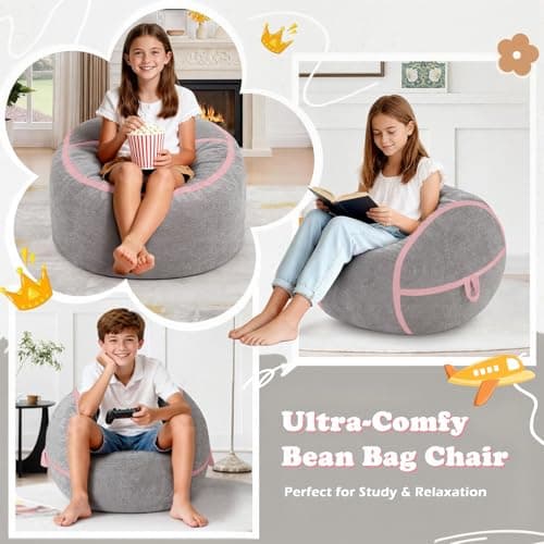 HABUTWAY 2FT Bean Bag Chair, Small BeanBag Chairs with Memory Foam Filled, Ultra-Soft Velvet Bean Bag Chair with Portable Handle, Comfy Bean Bag Sofa for Living Room, No Assembly - Light Grey & Pink - Thumbnail 6