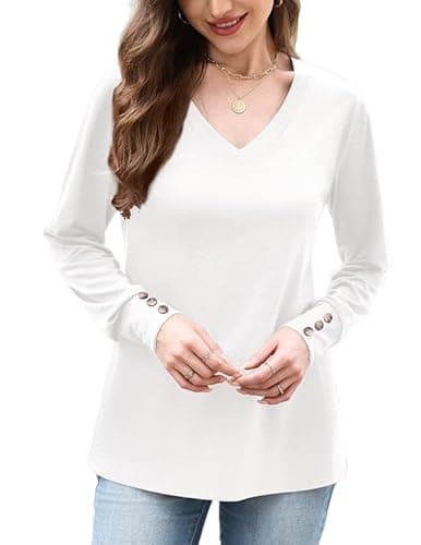 Misakia Tops for Women Trendy 2025 Dressy Casual V Neck Long Sleeve Buttons Fall Winter Flowy Tunic Tops Soft Blouses Shirts Business Casual Outfits Ladies Tops C-white - Image 1