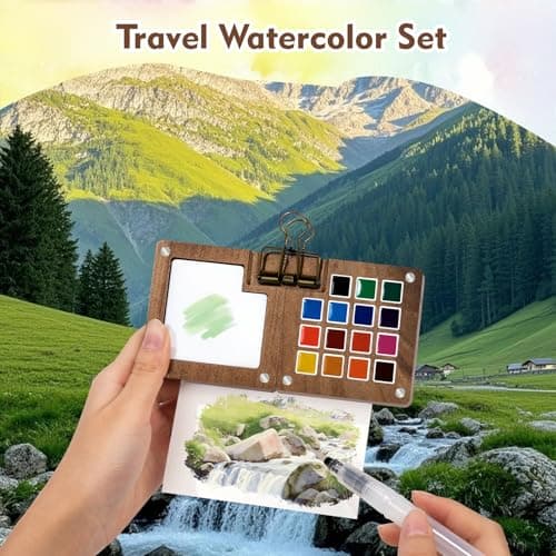 Mini Watercolor Paint Set, Mini Watercolor Travel Kit Wooden Palette with 24 Color, Brush, Sketchbook, Metal Clip, Water Cup for Adults Painting Enthusiasts - Thumbnail 2