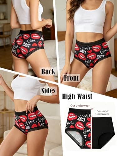 Dircho Women's Gothic Boy Short Panties, 3 Pack Heart & Lip Print Underwear, Romantic Stretchy Lace Trims Brief - Thumbnail 2