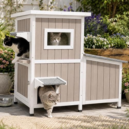 PetsCosset Cat House for Outdoor Cats Outside Feral Cat Shelter Weatherproof Wooden Cat Houses for 2-3 Cats with 3 Rooms 3 Escape Doors 2 Openable Asphalt Roofs - Image 1
