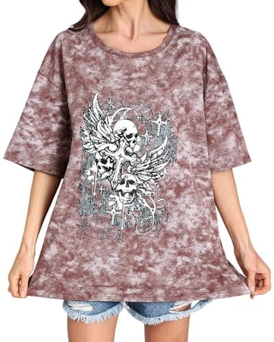 Women's Skull Wings Tee, Vintage Washed Gothic T-Shirt with Casual Crewneck Short Sleeve Top, Relaxed Fit Streetwear Shirt - Image 1