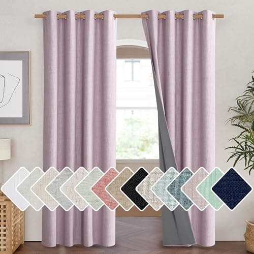 NICETOWN Pink Vintage Linen 100% Blackout Curtains for Living Room, Thermal Insulated Curtains 90" Long, Noise Reducing Window Treatment Drapes for Home Cinema, 52" Wide Per Panel, Set of 2