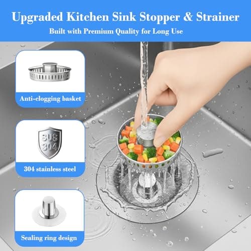 Upgraded 3-in-1 Kitchen Sink Drain Strainer with Solid Brass Core, Fast-Drain Pop-Up Sink Stopper, 304 Stainless Steel, Removable Anti-Clog Basket, for US Standard 3-1/2'' Drains (2 Pack) - Thumbnail 5