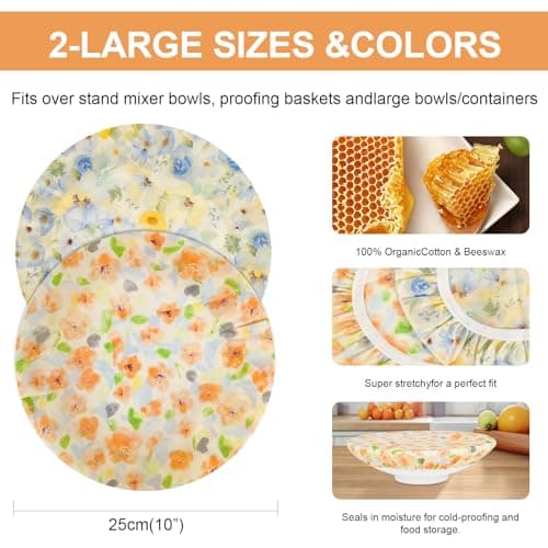 BERBAM Reusable Bowl Covers for Bread Proofing（2 Large）- Cotton Beeswax Bowl Covers Reusable with Elastic Rim, Sourdough Bowl Cover for Food Storage and Food Preservation (10INCH) - Thumbnail 2