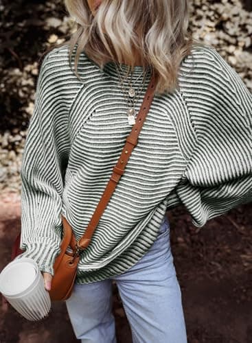 EVALESS Womens Sweaters Winter Outfits Long Sleeve Chunky Knit Tops Work Clothes Trendy 2025 Cute Boat Neck Batwing Sleeve Striped Pullover Sweater Teacher Clothing Christmas Tops, Green XX-Large - Thumbnail 2