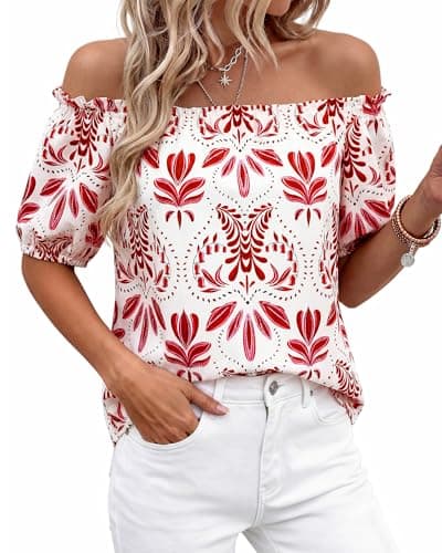 BTFBM Off The Shoulder Boho Tops for Women 2026 Summer Spring Short Sleeve Floral Loose Resort Beach Vacation Clothes(Floral White Red, XX-Large) - Thumbnail 4