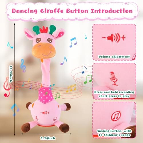 MIAODAM Dancing Giraffe Interactive Toy, Singing 10 Children's Song, Stuffed Baby Toy Repeats What You Say, Colorful Glowing Plush Toys for Toddler Easter Day Gifts for Kids(Pink Giraffe) - Thumbnail 4