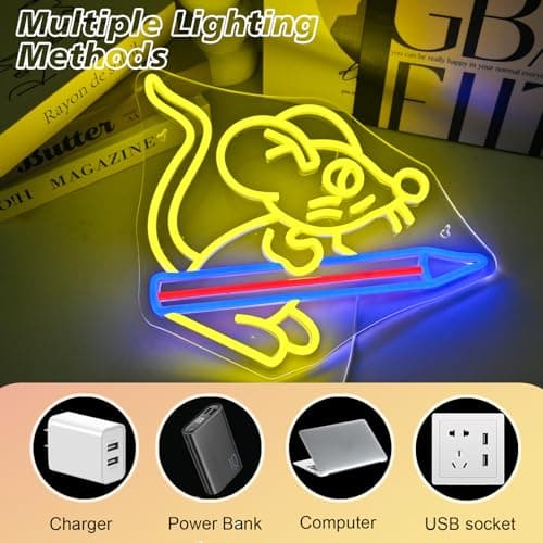 NXYX Pencil Neon Sign for Wall Decor Pencil Mouse School Neon Light Back To School Gift Back To School Gift USB Powered Led Light for Classroom Kidroom Dorm Wall Bookshelf Decor 11.8"*16.5" - Thumbnail 5