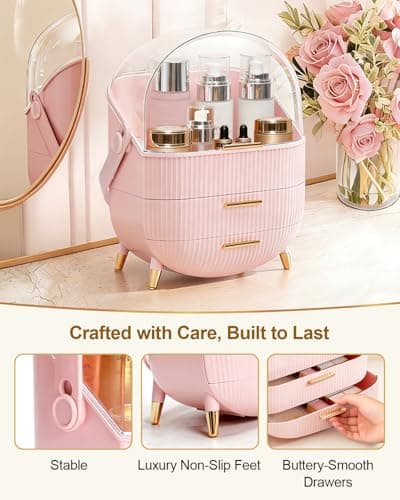 Bleutty Makeup Organizer with Drawers & Lid - Portable Large Cosmetic Storage Case for Vanity Countertop, Travel, Gift for Women, Girls, 11"×7"×15", Pink - Thumbnail 3