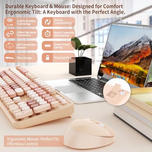 HotFox Wireless Keyboard and Mouse Combo, Full-Size Retro Typewriter Keyboard with Round Keycaps, Ergonomic Design for Windows PC, Home and Office Use -Brown - Thumbnail 2