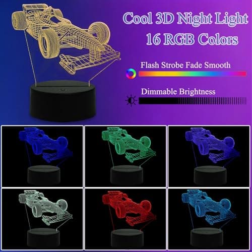 Paesteffe 3D LED Night Light for Kids, Formula 1 Racing Car Intelligent Illusion Lamp, 16 Color LED F1 Night Lamp Remote Control for Children's Room Decoration and Children's Gifts - Thumbnail 2