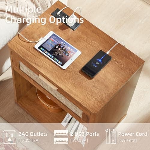 LEYAOYAO Rattan Nightstands Set of 2 with Charging Station, Natural Wood Night Stand with Drawer, 23" Wide Boho Bedside Table Open Cabinet, Bed Side Table Dresser for Bedroom, Living Room, Entrance - Thumbnail 5