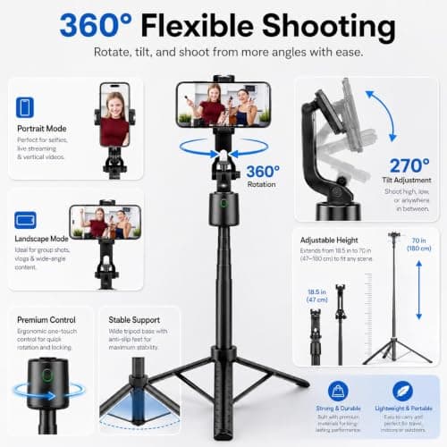 70" Auto Face Tracking Phone Holder, 360° Rotation Phone Tripod with Wireless Remote and Phone Holder, Selfie Stick Tripod for iPhone、Android Phone, Applied to YouTube, Vlog/TIK Tok - Thumbnail 3