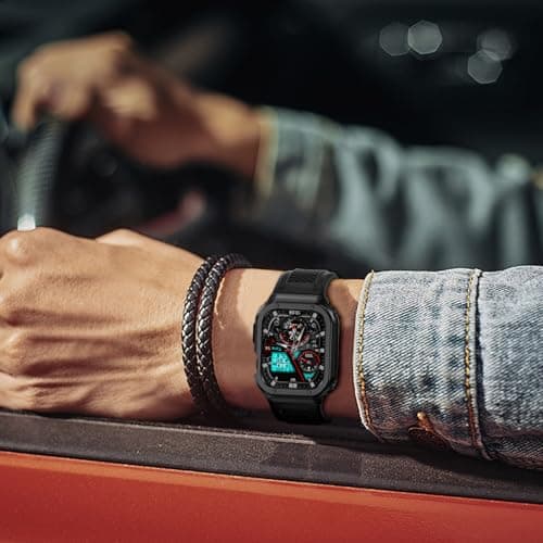 Deczone Band with Stainless Steel Case Compatible with Apple Watch Series SE 3 2 1/6 5 4 44mm, Series 3 2 1 42mm Band, iwatch Bands Rugged Protective Meatl Cover for Men (Black) - Thumbnail 6