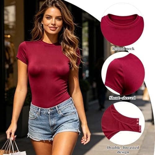 Bolsamila Women Crew Neck Short Sleeve Thong Bodysuit Tops Seamless Summer Going Out Tops Outfits Wine L - Thumbnail 4