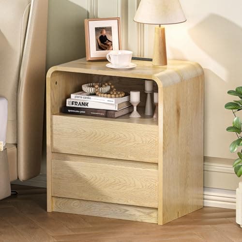 Modern Fluted Night Stand with Charging Station, 25" Tall Wood Nightstand Bedside Table with 3 Drawers & USB Ports, Mid-Century End Table for Bedroom (1, Nature Smooth, 2 Drawers) - Image 1