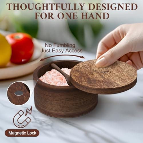 Set of 2 Acacia Wood Salt Container with Built-in Spoon, Elegant Salt Holder with Magnetic Swivel Lid, Each Salt Cellar Box Capacity 6OZ for Kitchen to Storage Pepper, Spice or Favorite Seasonings - Thumbnail 3