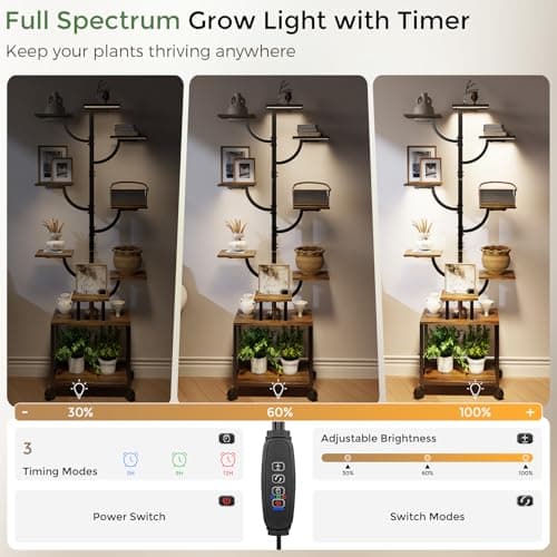 Plant Stand Indoor with Grow Lights - 9-Tier Plant Stand with Wheels, Tall Metal and Wood Indoor Plant Shelf with Tree Design, Rolling Flower Pot Holder Rack with Waterproof Finish, Adjustable Display Stand for Home Garden, Patio, 62" Tall - Thumbnail 5