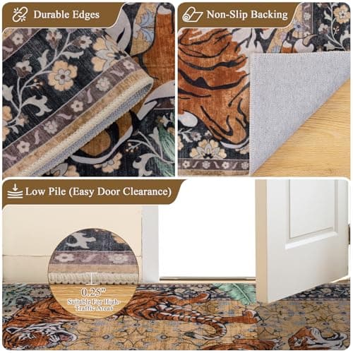 Ileading Vintage Oriental Tropical Jungle Hippie Tiger Area Rug 3x5 Non Slip Carpet for Living Room Brown Soft Low-Pile Thin Machine Washable Accent Floor Mat for Bedroom Dining Room - Thumbnail 6
