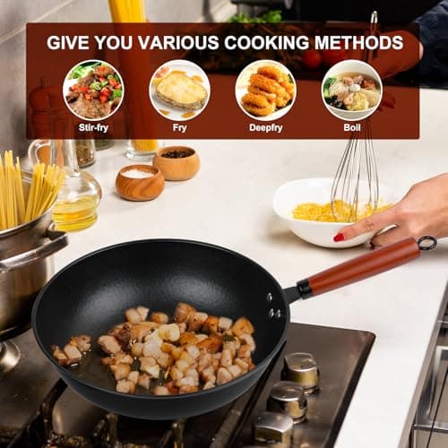 13" Nonstick Wok - Wok Pan with Glass Cover, Carbon Steel Woks & Stir-Fry Pans: Flat Bottom Chinese woks for Electric, Induction, Gas, All Stoves - Thumbnail 4